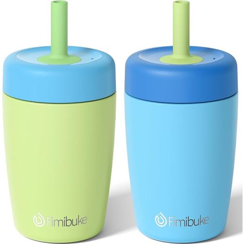 Fimibuke Kids & Toddler Cups Spill Proof, 12 OZ Insulated Sippy Cups for Toddlers Boys Girls, BPA-Free Toddler Straw Tumbler, Stainless Steel Kids Water Bottle with Twist Lids & Silicone Straw, 2 Pack