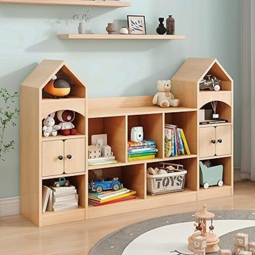 Vabches Kids Bookcase and Toy Storage Organizer, Children Bookshelf, Castle Shape, Playroom Furniture Multipurpose Shelf for Toddlers to Organize Toys and Books Magic Castle, Oak