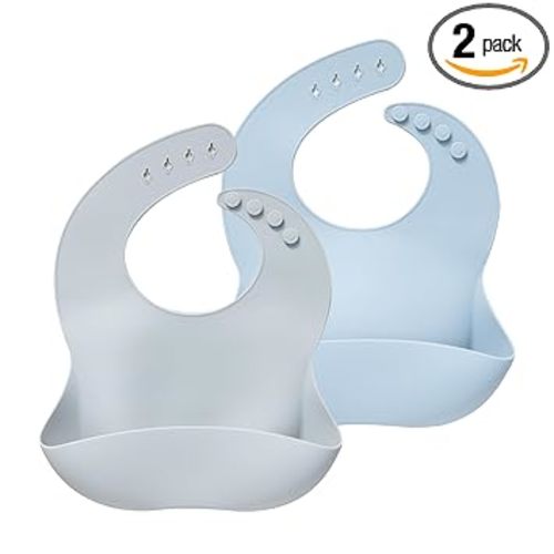 Moonkie Silicone Baby Bibs Set of 2, BPA Free Waterproof Baby Bibs for Eating, Soft Adjustable Silicone Bibs for Babies 6-12 Months, Toddler Bibs with Large Pocket Food Catcher (Light Grey/Blue Fog)