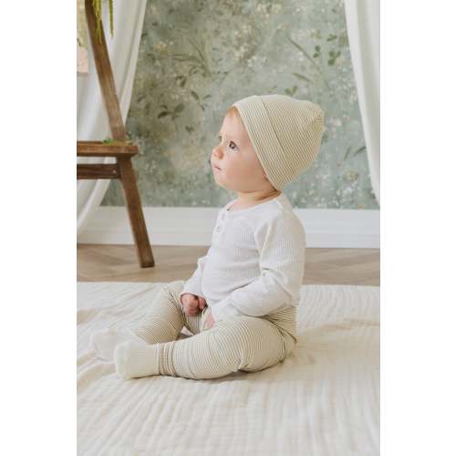 Organic Cotton Fine Rib Micah Beanie - Petite Stripe Hay/Cloud