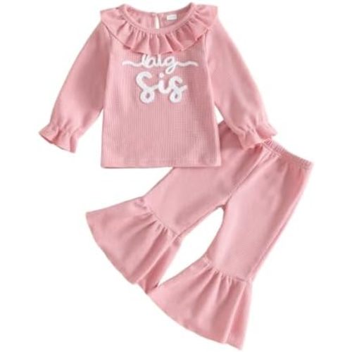 GOOCHEER Little Sister Outfit Waffle Long Sleeve Shirt and Flared Pants Set
