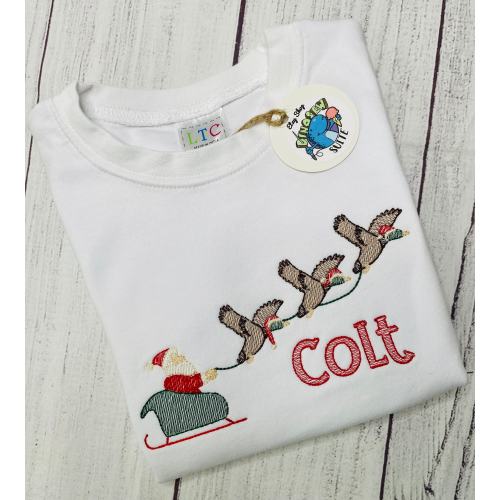 Embroidered Christmas themed shirt featuring Santa's sleigh with ducks, Personalized baby Christmas outfit