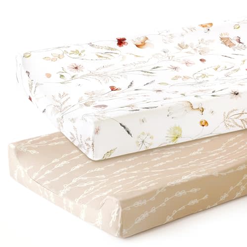 GRSSDER Stretchy Ultra Soft Jersey Knit Changing Pad Cover Set 2 Pack, Stylish Breathable and Come with the Buckle Strap Holes, Universal Fitted Safe and Snug