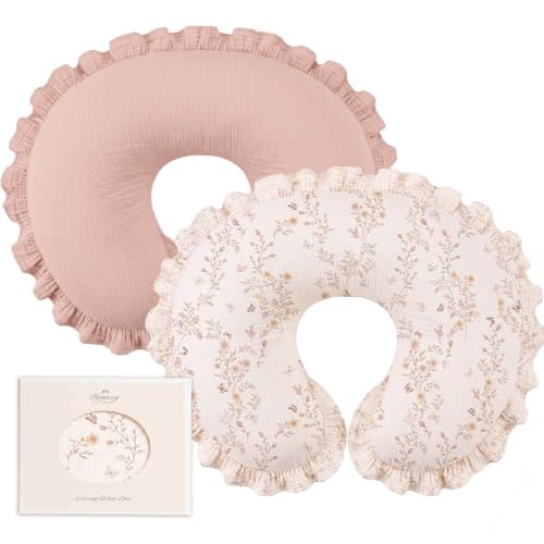 Konssy 2Pack 100% Muslin Cotton Soft Nursing Pillow Covers with Ruffle Trim | Covers Only, Breathable & Machine Washable Slipcover, Baby Breastfeeding Pillow Cover for Newborn Boys & Girls, in Gift Box