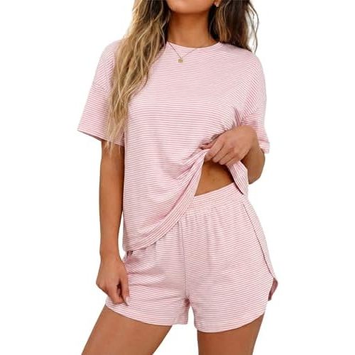 Womens Pajama Sets Shorts 2 Piece Striped Matching Pjs Set Summer Split Soft Comfy Lounge Sleepwear