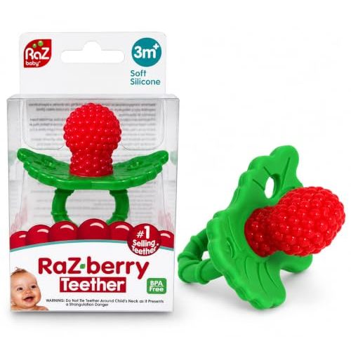 RaZbaby RaZberry Silicone Baby Teether Toy - Berrybumps Soothe Babies Sore Gums - Infant Teething Toy - Hands Free Design - BPA Free - Easy-to-Hold Design - Teething Relief Pacifier - Fruit Shape/Red