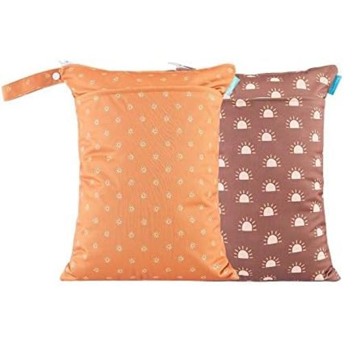 MOMIGO 2 pcs/set Wet Dry Bags for Baby Cloth Diapers - Reusable, Washable for Stroller, Diapers, Toiletries, Travel Bags, Beach, Pool, Gym Bag with Two Zippered Pockets 11.8 * 15.7 inch (Orange)