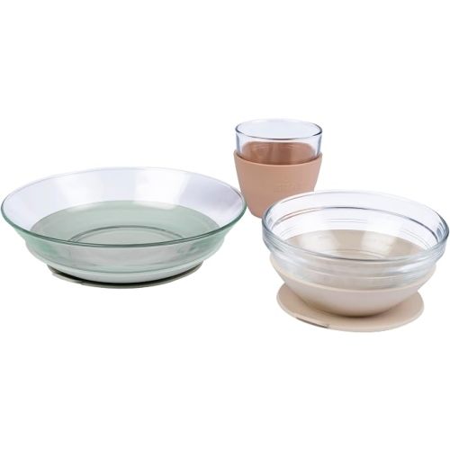 BEABA 3-Piece Glass Meal Set with Suction Pads, Toddler Plate and Baby Bowls with Suction, Non Slip Kids Dinnerware Set, 2.5x Stronger than Regular Glass, Natural