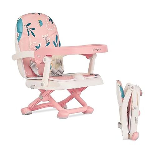 Dream On Me Munch N Go Booster Seat for Babies 6–36 Months, 3-in-1 Feeding, Floor & Table Seat, Adjustable 4 Heights, Lightweight Portable Design, 3-Point Safety Harness, Easy to Fold & Carry- Pink