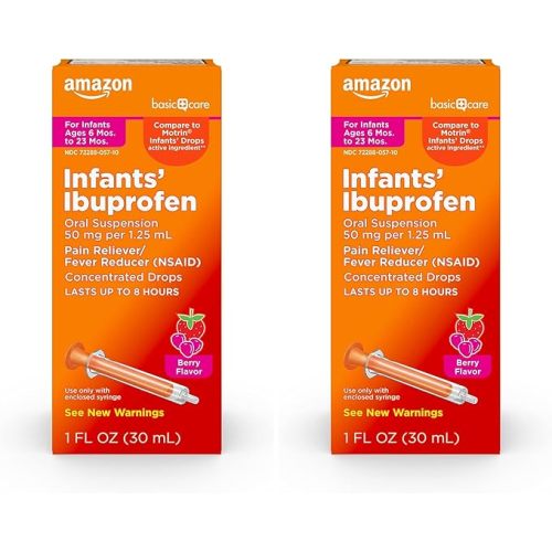 Amazon Basic Care Infants’ Ibuprofen Oral Suspension, 50 mg/1.25 mL, Berry Flavor Concentrated Drops, Dye-Free, 1 fl oz (Pack of 2)