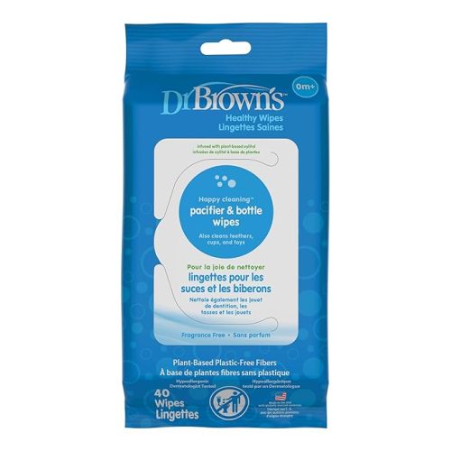 Dr. Brown's Bottle and Pacifier Healthy Wipes, Safely Clean Bottles, Baby Items, and Feeding Essentials, Hypoallergenic, 40 count, 1-Pack (Packaging May Vary)