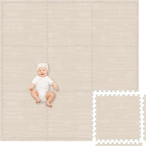 Play Platoon Non-Toxic Large Baby Play Mat for Floor, 9 Tile 72 x 72 inch - Extra-Thick Interlocking Foam Floor Tiles 24 x 24 in Puzzle Mat Pieces with Border, Playmat Rug for Kids - Brushed Cotton