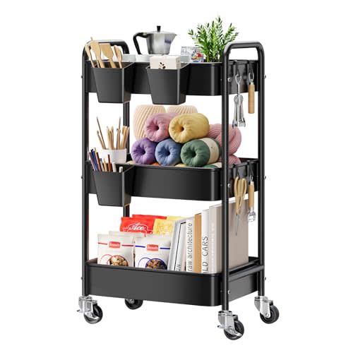 3 Tier Rolling Cart Metal with Wheels, Black Three Tiered Art Cart Organizer on Wheels, Storage Utility Trolley Carts for Kithcen, Craft, Nail, Lash, Makeup, Salon,Bedside, Bathroom, Office, Snack
