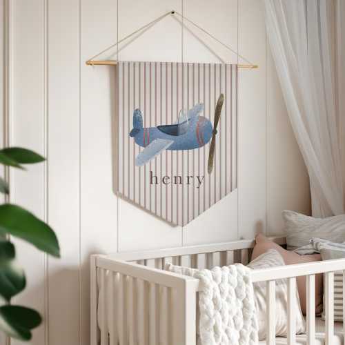 Vintage Airplane Nursery Decor Baby Room Decoration Striped Custom Banner Airplane Theme Boy Bedroom Wall Art Personalized Name Flight Art