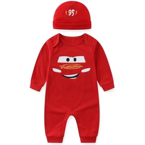 Disney Cars Lightning McQueen Baby Boys Romper Coverall with Hat Cap 2 Piece Set for Newborn and Infant