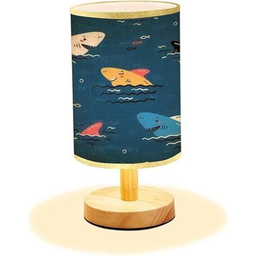Minimalist Bedside Table Lamp Colorful Cartoon Summer Sea for Kids Seamless Childish with Doodle Wood Nightstand Lamp Bedside Desk Lamp Wood Base Flaxen Fabric Shade for Bedroom Living Room