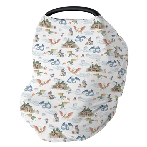 Fairytale Dragon and Knights Car Seat Cover for Babies Fantasy Dragons Princess Castle Stretchy 5-in-1 Cover Adjustable Infant Carseat Cover Canopy Moon Clouds Breathable Nursing Cover-Up