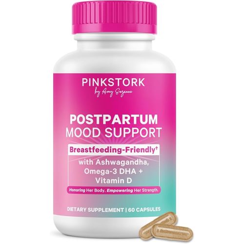 Pink Stork Postpartum Mood Support - Postnatal Hormone Balance for Women - Breastfeeding Friendly - Stress & Cognitive Support, New Mom Essentials - Ashwagandha, Chamomile, & Vitamin D, 60 Capsules