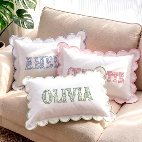 Embroidered Baby Name Pillow Cover, Custom Heirloom Toddler Scalloped Lumbar Pillow Case, Baby Shower Gift, Nursery Decor Slumber Party Gift