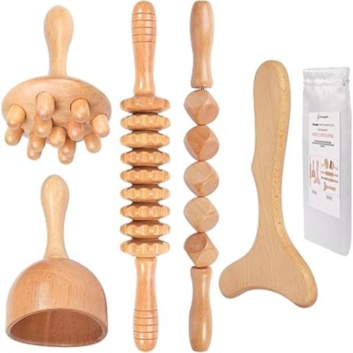 Komogir Wood Therapy Massage Tools 5-in-1 Lymphatic Drainage Massager Maderoterapia Kit Wooden Massager Body Sculpting Tools for Muscle Pain Relief, Anti-Cellulite, Body Contouring and Shaping