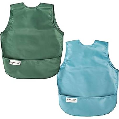 Tiny Twinkle Short Sleeve Apron Bibs for Babies & Toddlers – 2 Pack Waterproof, Mess-Proof Baby Bibs for Eating & Feeding, Machine Washable,Perfect Holiday Gift(Slate Olive, 6–24M)