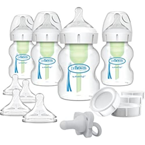 Dr. Brown’s Natural Flow® Anti-Colic Options+™ Wide-Neck Breast to Bottle Pump & Store Feeding Set with Slow Flow Nipples, Baby Bottle Travel Caps and 100% Silicone HappyPaci™ One-Piece Pacifier