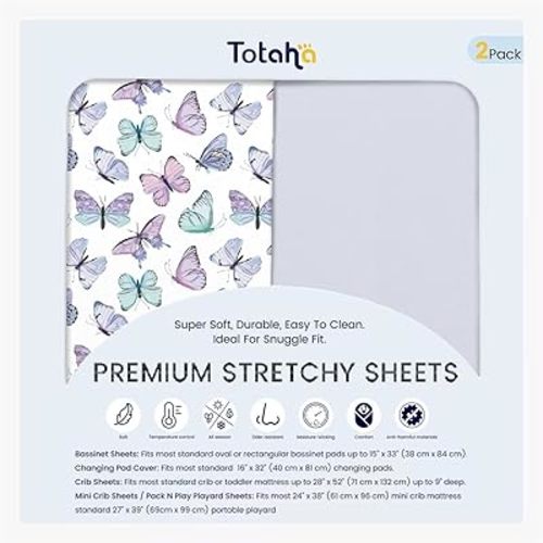 TotAha Soft Crib Sheets Girl-Hypoallergenic, Silky Comfort, Buttery Soft, Calming Effect, Premium All-Season Jersey-Knit Sheets, 9'' Extra Deep Pocket, Purple Butterfly