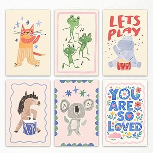 6pcs Animal Music Concert Canvas Wall Art, Cute Frogs and Raccoon Dancing Kids Room Poster, Funny Fox Hippo and Zebra Playing Pictures, You Are So Loved Nursery Quote Print 12x16in Unframed