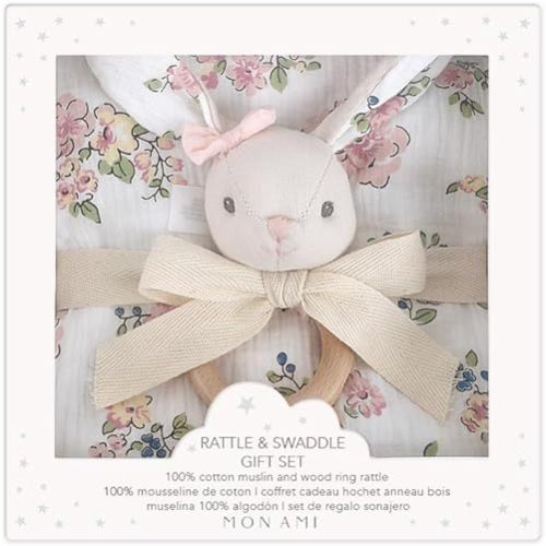 MON AMI French Floral Bunny-Swaddles & Rattle Gift Set | 47x47 Inch Soft Cotton Muslin Baby Blanket & 6 Inch Plush Rattle Toy | Perfect Newborn Essential for Birthdays & Baby Showers