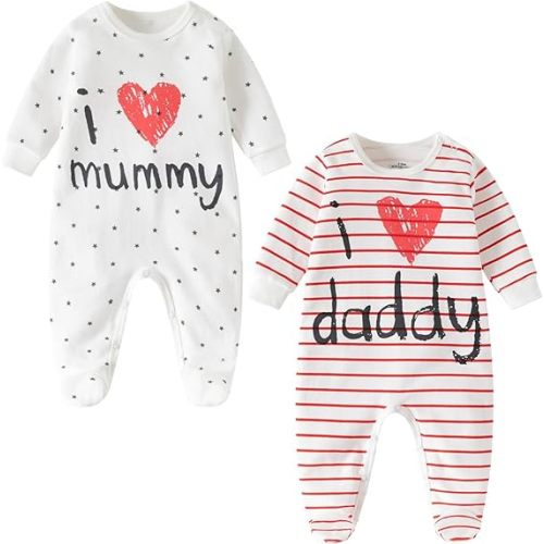 AOMOMO 2-Pack Baby Clothes Newborn Bodysuits I Love Daddy &Mummy Romper, Cotton Footed Pajamas for Baby Boys and Girls