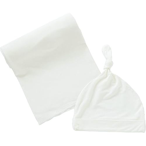 iEvolve Cotton Knitted Baby Swaddle Blanket with Hat Headband Set Newborn Swaddle Wrap Receiving Blankets for Baby Girl Boy 35" x 35"(White)