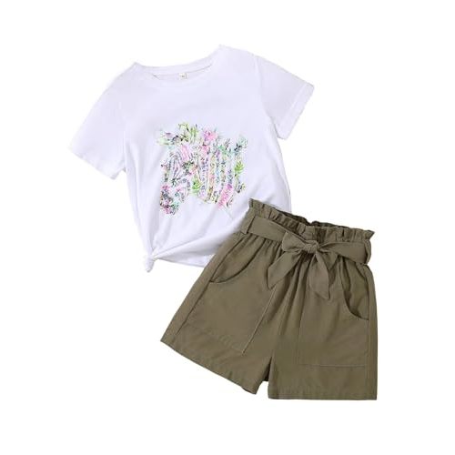 KIDLAGA Toddler Kid Girl Outfits Clothes Floral Short Sleeve T-Shirt Top + Waist Pocketed Summer Short Sets 4-7T Girl Clothes