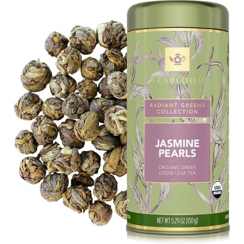 Teabloom Organic Green Tea, Jasmine Pearls Loose Leaf Tea, Captivating and Aromatic Jasmine Tea, USDA Certified Organic and Kosher, 5.29 oz/150 g Canister Makes 90-120 Cups