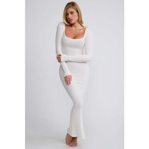 Ribbed Modal Long Sleeve Maxi Dress in White