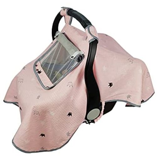 ICOPUCA Car seat Covers for Babies, Muslin carseat Cover Girls, carseat Canopy with Window, Light Weight, fit Summer/Autumn/Spring, Pink Crown, Perfect for gils;