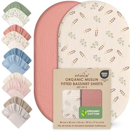 100% Organic Cotton Muslin Baby Bassinet Baby Sheet 33 X 17 Inch Soft Breathable Lightweight Stretchable Bed Sheet 2 Pack Gentle On Skin Durable Snug Fit Sheet for Newborn Bassinet Mattress