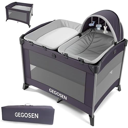 Portable Baby Playard 4 in 1 Design, Foldable Baby Playpen with Removable Bassinet, Canopy and Changing Table, Infant Playrad, Nursery Center Travel Crib (Toys Not Included)