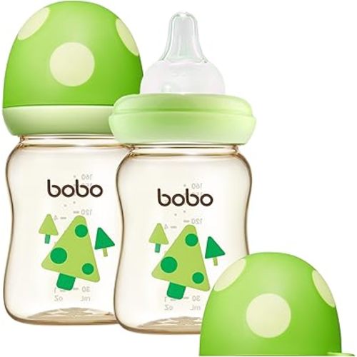 YOHKOH PPSU Baby Bottle Wide Neck, Newborn Anti-Colic Baby Bottle with Natural Response Nipple, Streamlined Body, Easy to Clean (5.4oz (Pack of 2), Green)