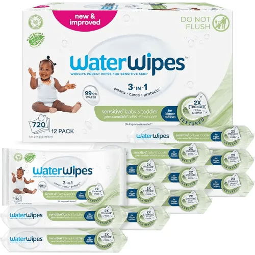 WaterWipes Sensitive+ Baby & Toddler Wipes, 3-In-1 Cleans, Cares, Protects, 99.9% Water, Textured Clean, Unscented & Hypoallergenic, 540 Count (Pack of 9)