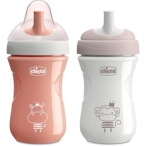 Chicco Sport Spout Sippy Cup 9+ Months, 9oz Toddler Training Cup with Bite-Resistant No-Spill Spout, Easy Grip, BPA-Free, 2-Pack, Coral/Grey