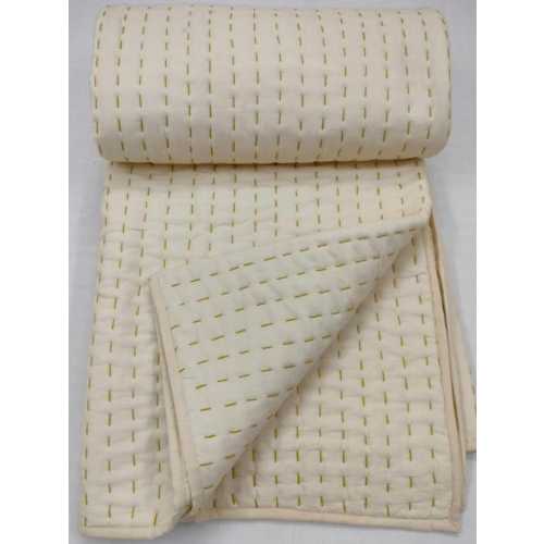 Handmade Cream Kantha Quilt with Olive Stitching, Cotton Bedspread, Queen Size Blanket, Boho Bedding.