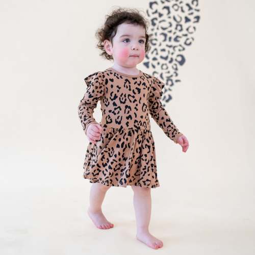 Long Sleeve Twirl Bodysuit Dress in Latte Leopard