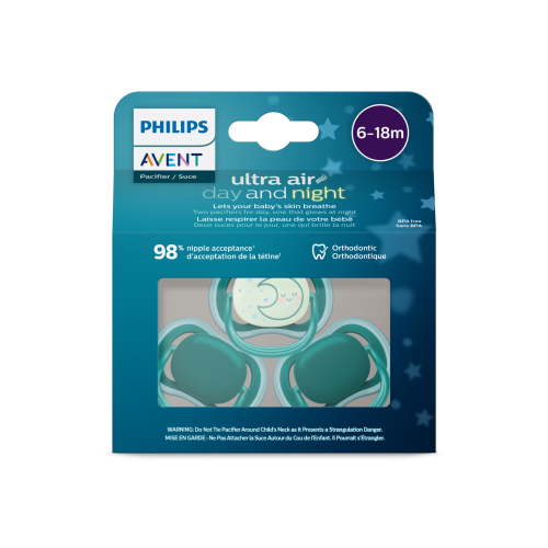Philips Avent Ultra Air day time/night time Pacifier 6-18m, deep opal / sleeping moon, 3 pack - Walmart.ca