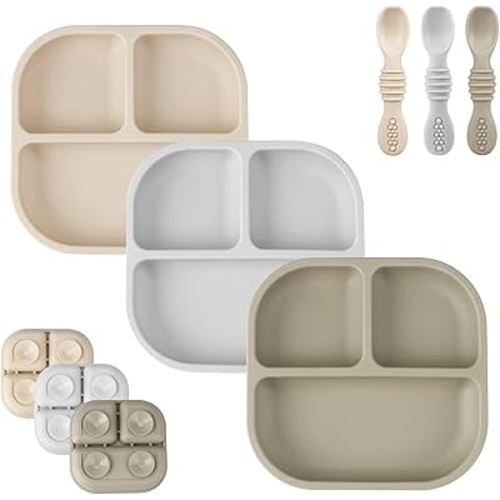 PandaEar 3 Pack Baby Plates with Suction and 3 Spoons, Silicone Toddler Plates for Baby Toddlers Infant Kids, Divided Plate Toddler Suction Plates, Non-Slip, Non-Toxic, BPA Free (Creamy Grey Brown)