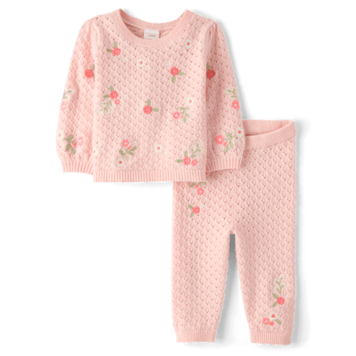 Baby Girls Embroidered Floral Pointelle Sweater 2-Piece Outfit Set - Pink