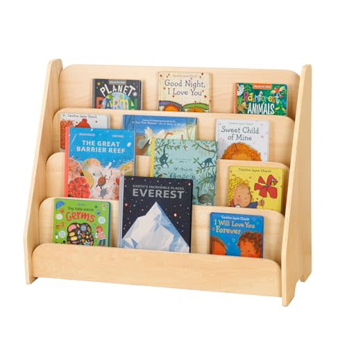 OOOK Kids Bookshelf, Wooden 4-Tier Front Facing Book Display Shelf for Kids, Toddler Montessori Bookshelf for Classroom, Playroom, Nursery