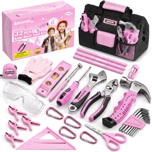 32-Piece Kids Real Tool Set, Pink Child Size Hand Tools, Age 6+