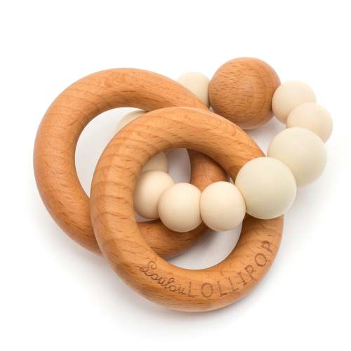 Bubble Silicone and Wood Rattle - Beige