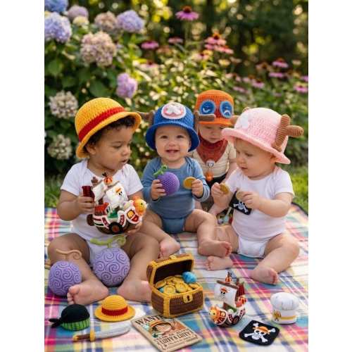 Handmade Crochet One Piece Baby Bucket Hat Luffy ,Chopper , Ace (6-12M) New