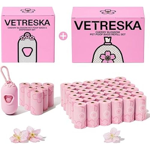 VETRESKA Dog Poop Bag Dispenser with Cherry Blossom Scented Bags, Leak Proof, Extra Thick Waste 1 Count Holder and 645 Bags for Walking Cats Litter, Pink